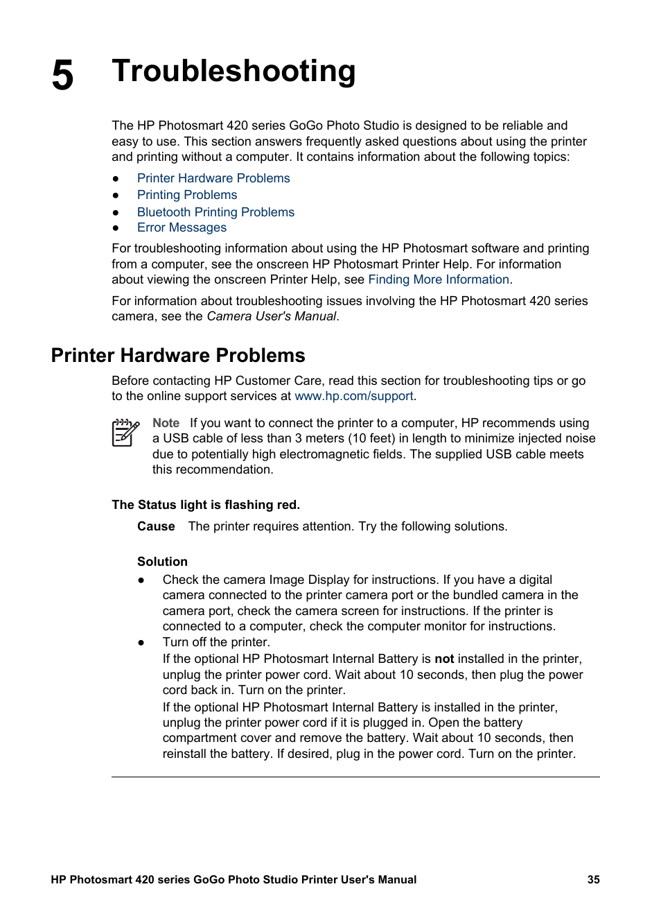 Troubleshooting, Printer hardware problems, Troubleshooting printer hardware problems | HP Photosmart 422 Portable Photo Studio User Manual | Page 40 / 61