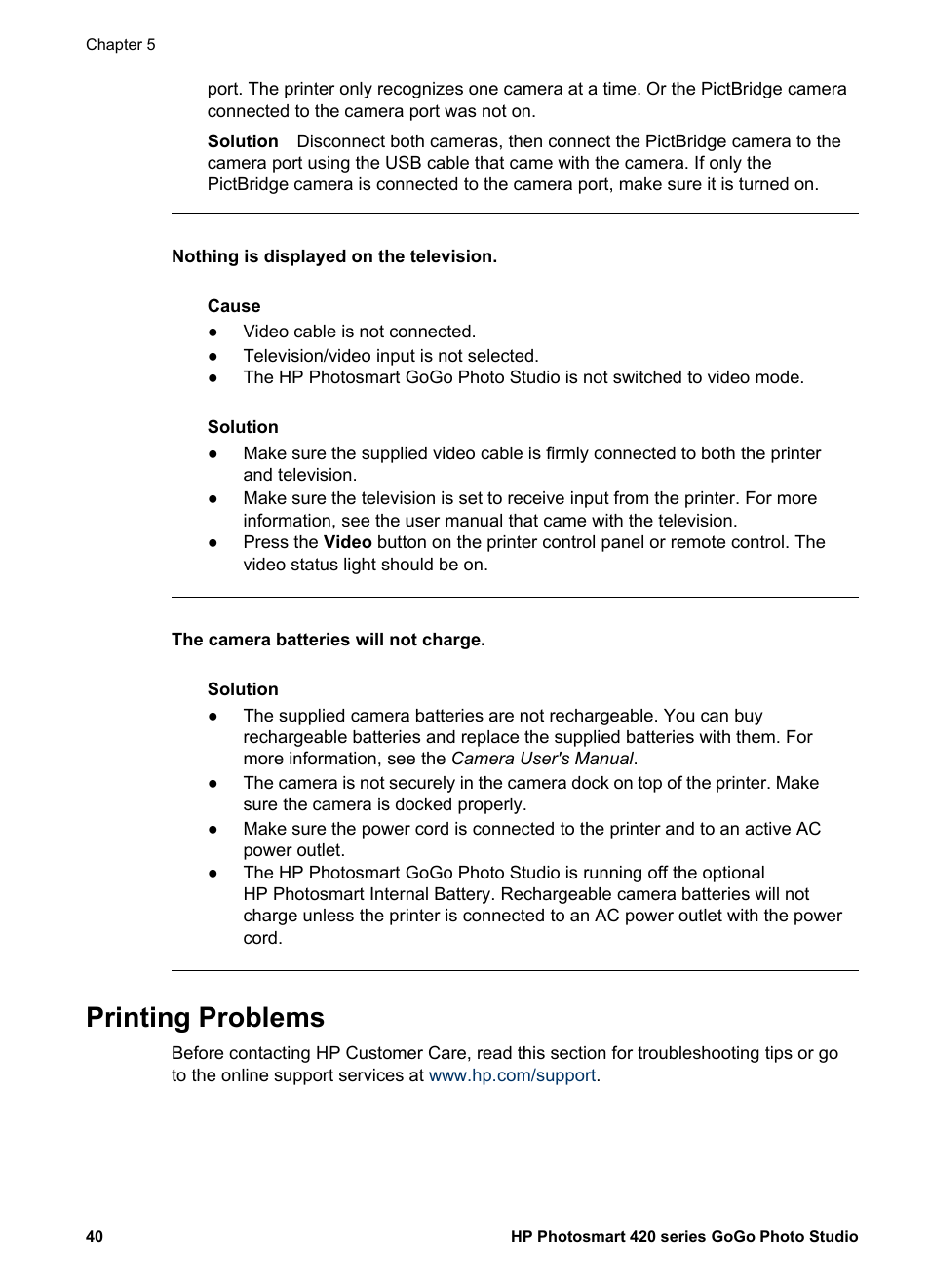 Printing problems | HP Photosmart 422 Portable Photo Studio User Manual | Page 45 / 61