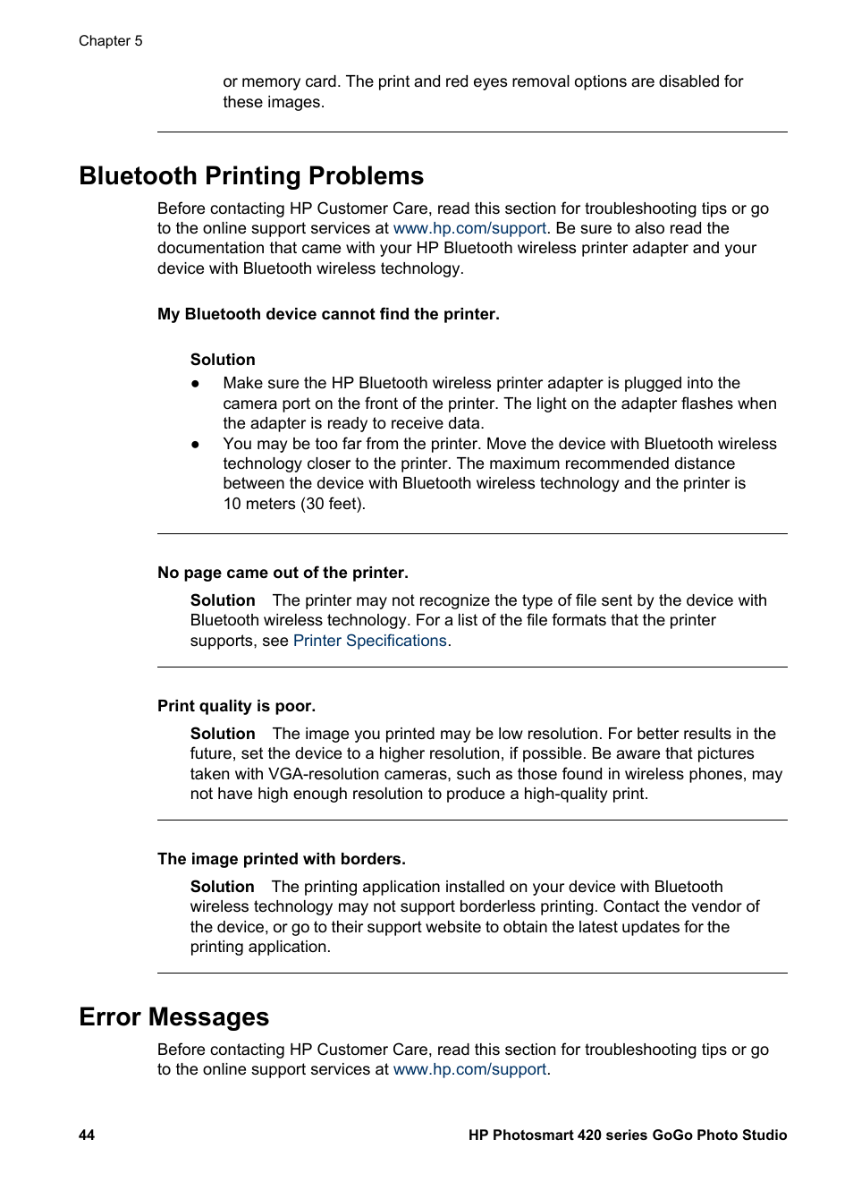 Bluetooth printing problems, Error messages, Bluetooth printing problems error messages | HP Photosmart 422 Portable Photo Studio User Manual | Page 49 / 61