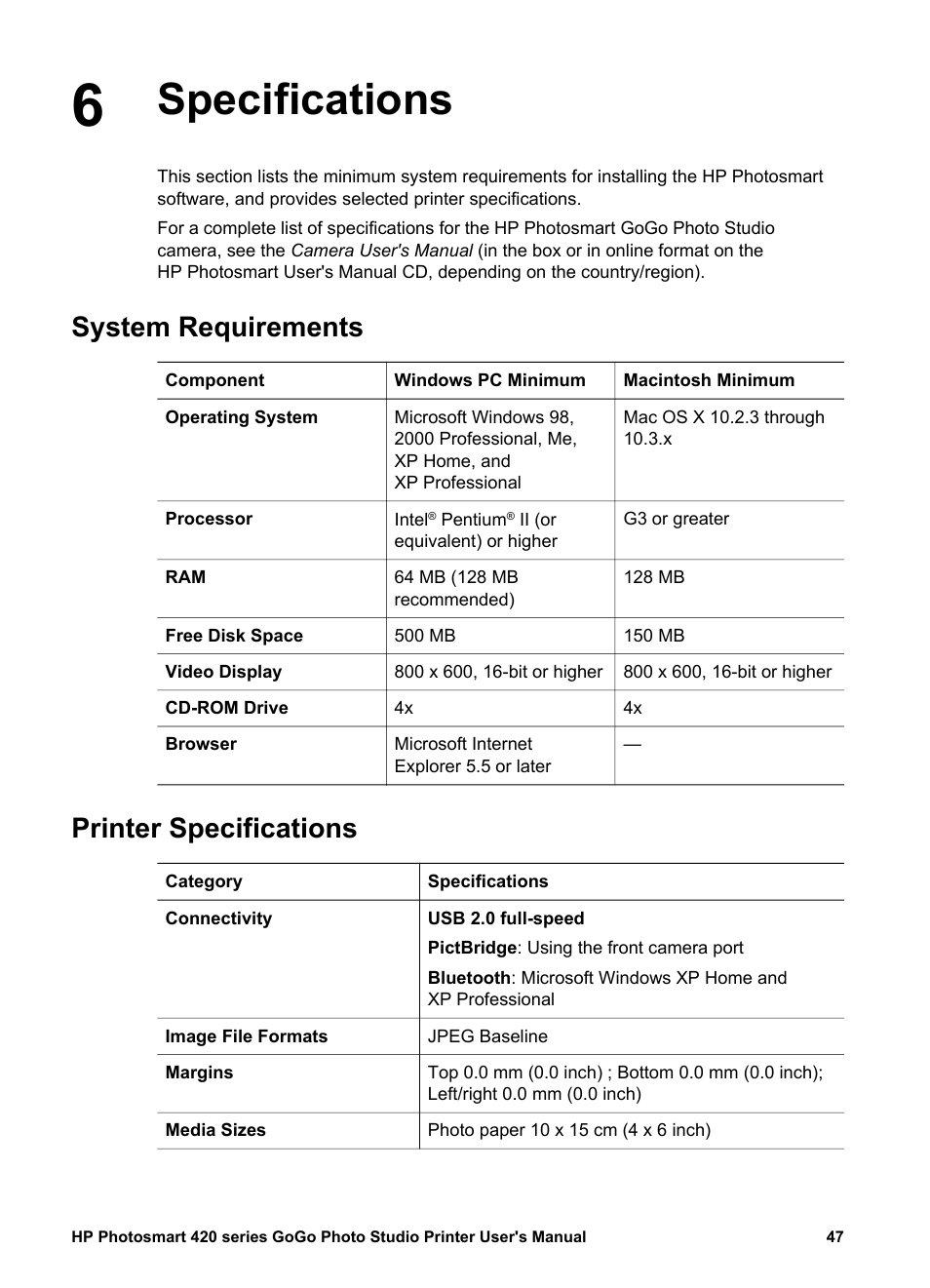 Specifications, System requirements, Printer specifications | HP Photosmart 422 Portable Photo Studio User Manual | Page 52 / 61