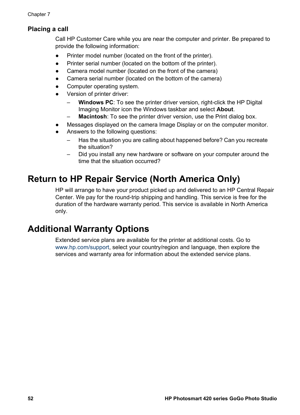 Placing a call, Return to hp repair service (north america only), Additional warranty options | HP Photosmart 422 Portable Photo Studio User Manual | Page 57 / 61