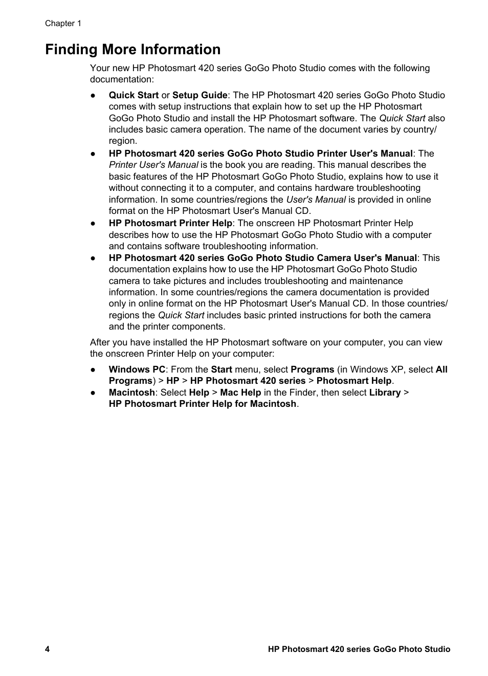 Finding more information | HP Photosmart 422 Portable Photo Studio User Manual | Page 9 / 61