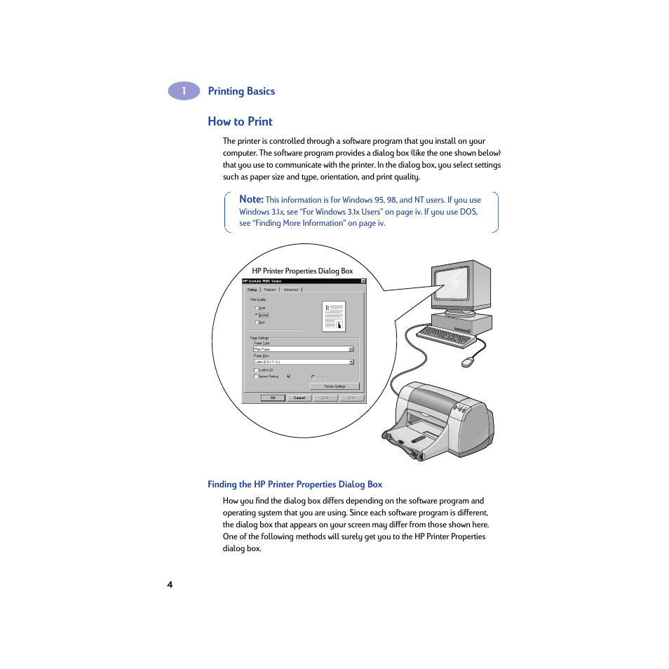 How to print, Finding the hp printer properties dialog box | HP Deskjet 950c Printer User Manual | Page 10 / 74