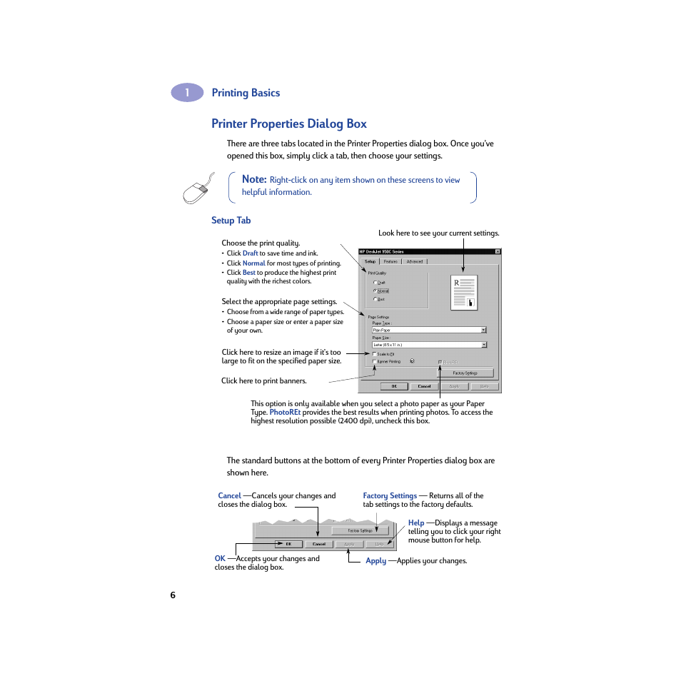 Printer properties dialog box, Setup tab, Printing basics | HP Deskjet 950c Printer User Manual | Page 12 / 74