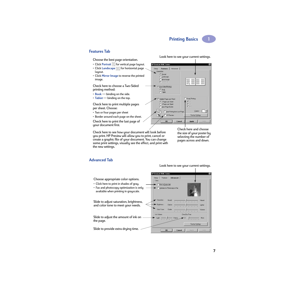 Features tab, Advanced tab, Printing basics | HP Deskjet 950c Printer User Manual | Page 13 / 74