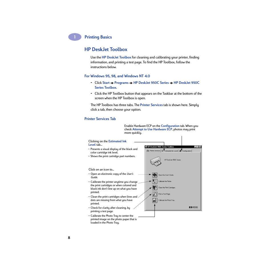 Hp deskjet toolbox, For windows 95, 98, and windows nt 4.0, Printer services tab | HP Deskjet 950c Printer User Manual | Page 14 / 74