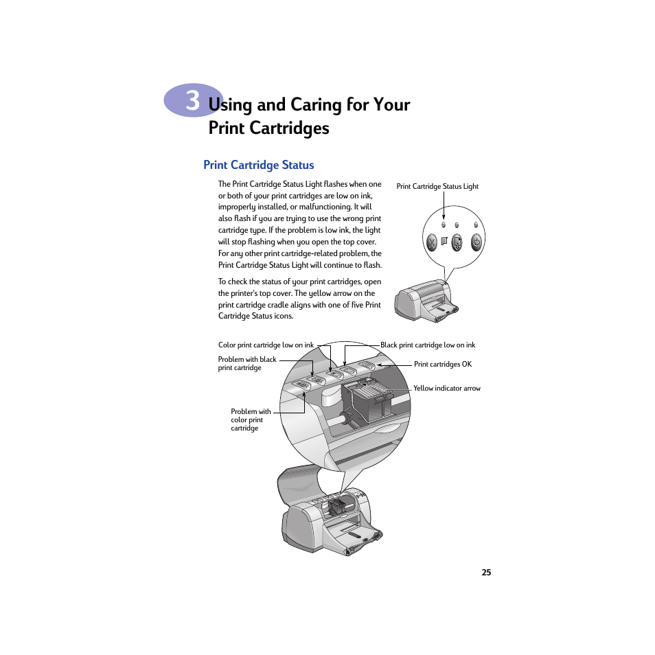 Using and caring for your print cartridges, Print cartridge status | HP Deskjet 950c Printer User Manual | Page 31 / 74