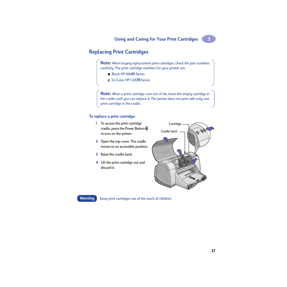 Replacing print cartridges, To replace a print cartridge | HP Deskjet 950c Printer User Manual | Page 33 / 74