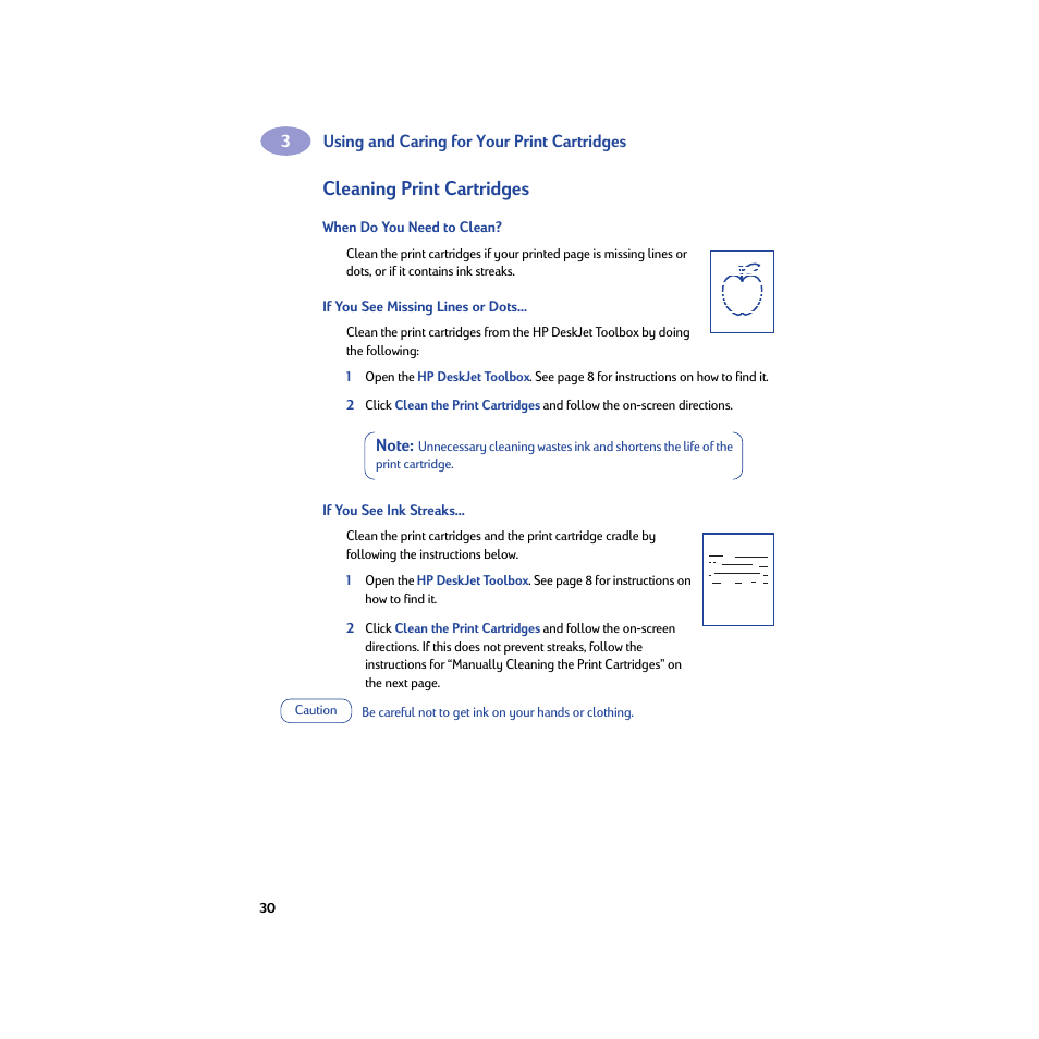 Cleaning print cartridges, When do you need to clean, If you see missing lines or dots | If you see ink streaks | HP Deskjet 950c Printer User Manual | Page 36 / 74