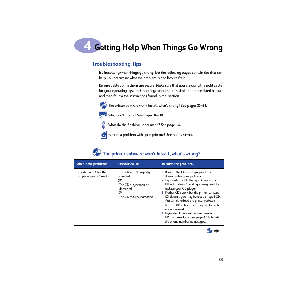 Getting help when things go wrong, Troubleshooting tips, Chapter 4 getting help when things go wrong | HP Deskjet 950c Printer User Manual | Page 39 / 74