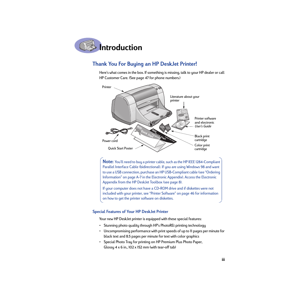 Introduction, Thank you for buying an hp deskjet printer, Special features of your hp deskjet printer | HP Deskjet 950c Printer User Manual | Page 5 / 74