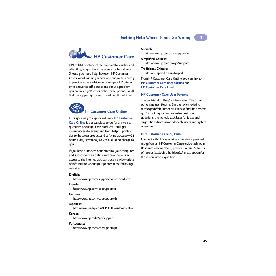 Hp customer care, Hp customer care online, Hp customer care audio tips (u.s. only) | 45 for web | HP Deskjet 950c Printer User Manual | Page 51 / 74