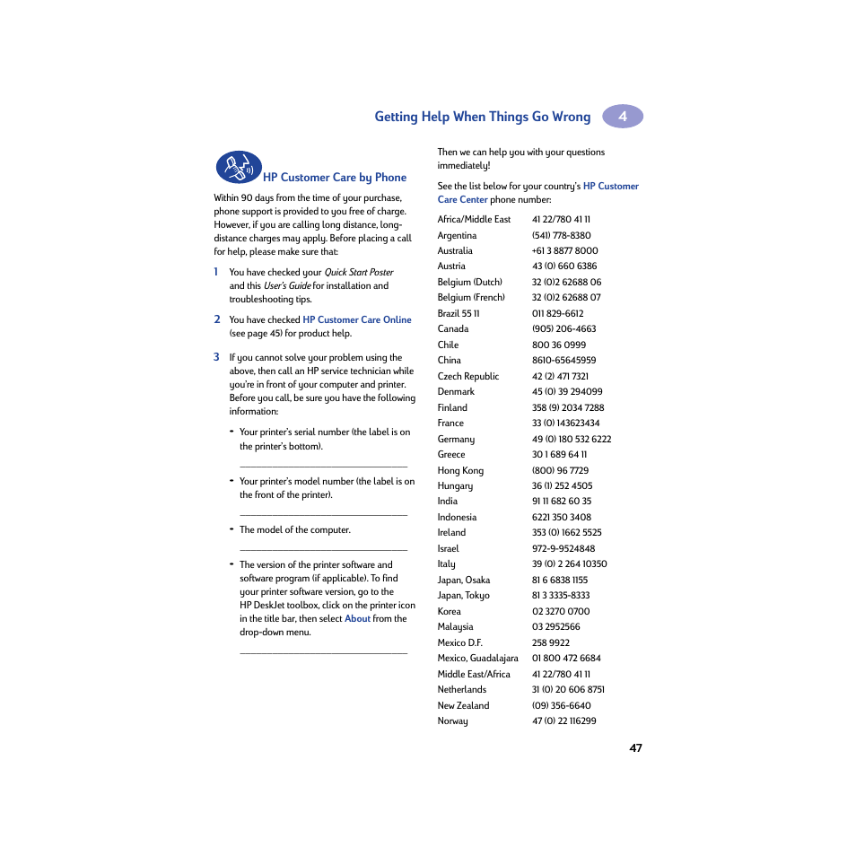 Hp customer care by phone, Getting help when things go wrong | HP Deskjet 950c Printer User Manual | Page 53 / 74