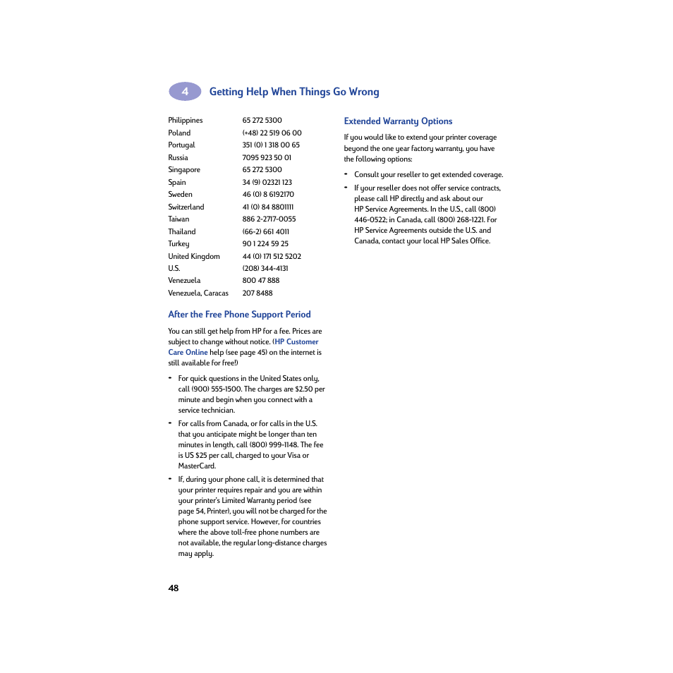 After the free phone support period, Extended warranty options, Getting help when things go wrong | HP Deskjet 950c Printer User Manual | Page 54 / 74