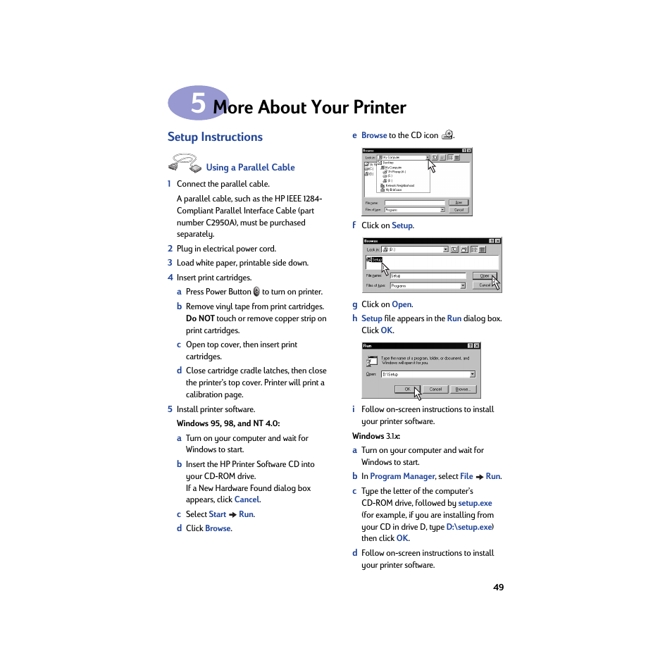 More about your printer, Setup instructions, Using a parallel cable | Chapter 5 more about your printer | HP Deskjet 950c Printer User Manual | Page 55 / 74