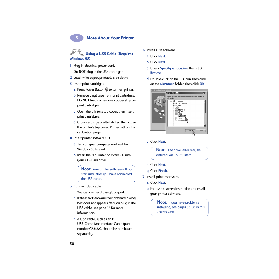 Using a usb cable (requires windows 98) | HP Deskjet 950c Printer User Manual | Page 56 / 74