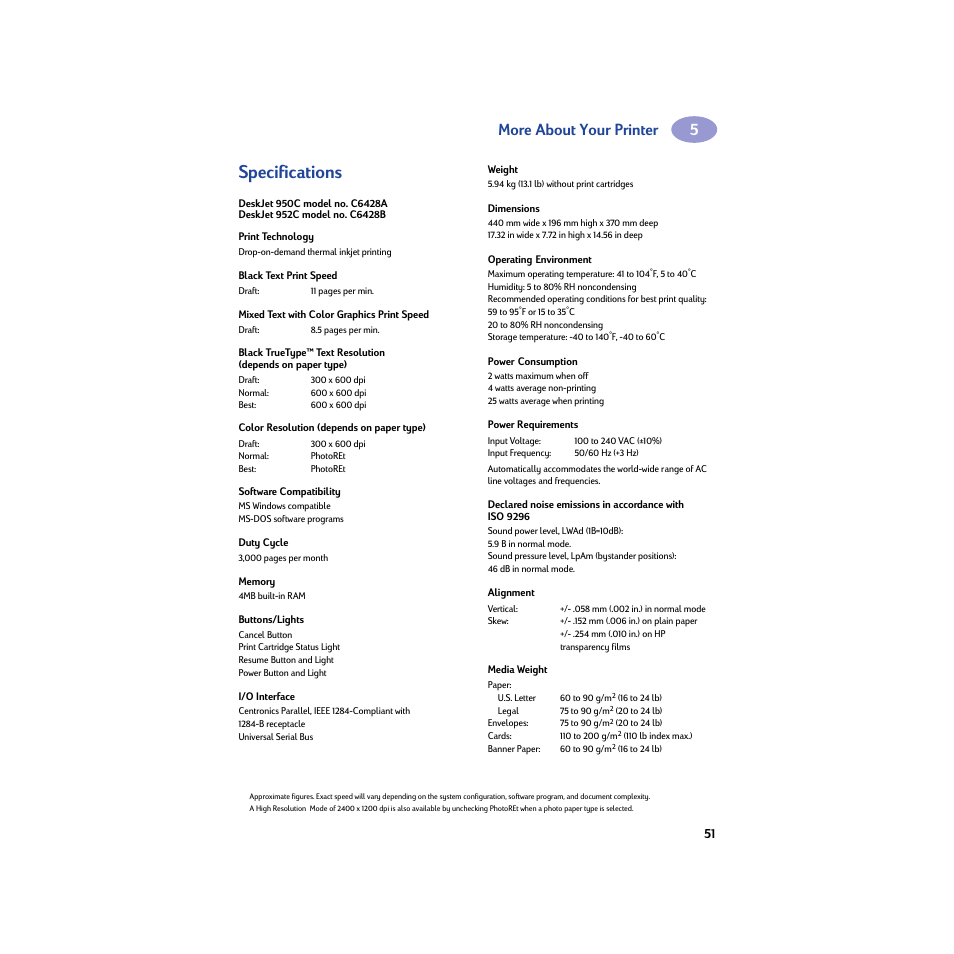 Specifications, More about your printer | HP Deskjet 950c Printer User Manual | Page 57 / 74