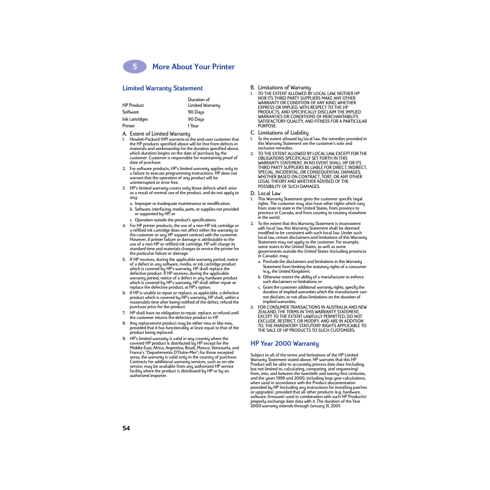 Limited warranty statement, Hp year 2000 warranty, More about your printer | HP Deskjet 950c Printer User Manual | Page 60 / 74