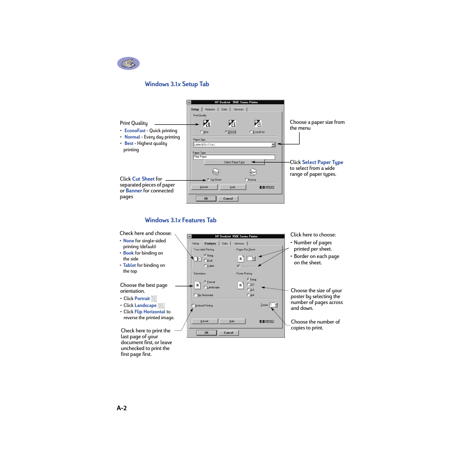 Windows 3.1x setup tab, Windows 3.1x features tab | HP Deskjet 950c Printer User Manual | Page 66 / 74