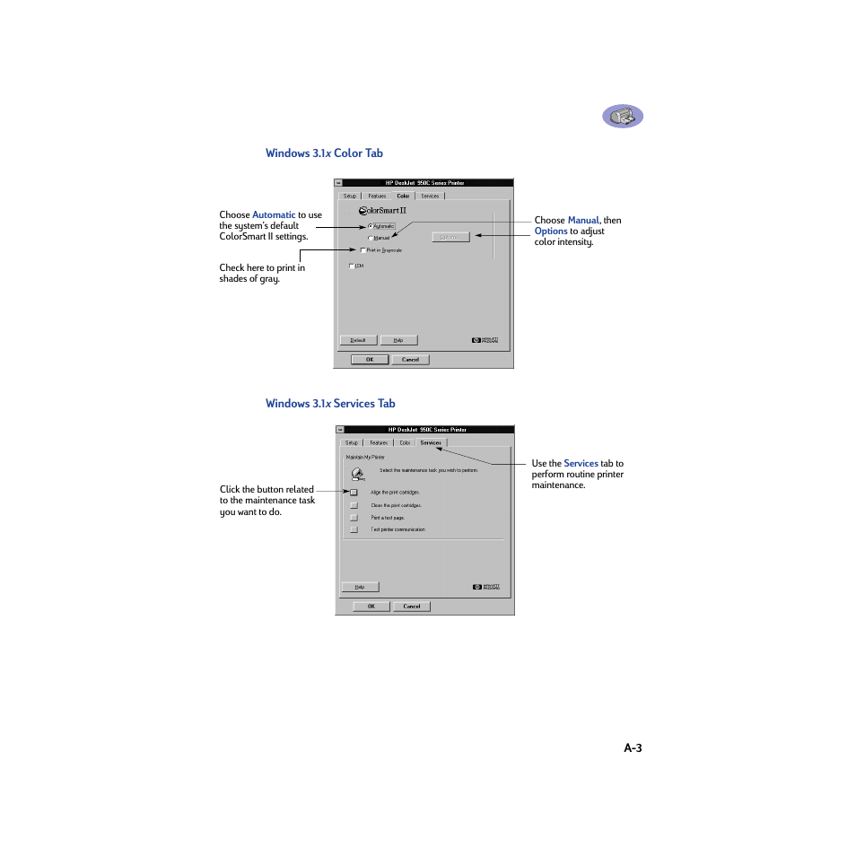 Windows 3.1x color tab, Windows 3.1x services tab | HP Deskjet 950c Printer User Manual | Page 67 / 74