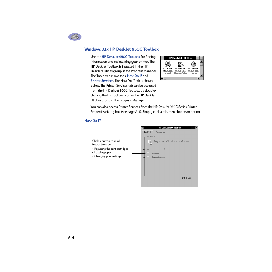Windows 3.1x hp deskjet 950c toolbox, How do i | HP Deskjet 950c Printer User Manual | Page 68 / 74