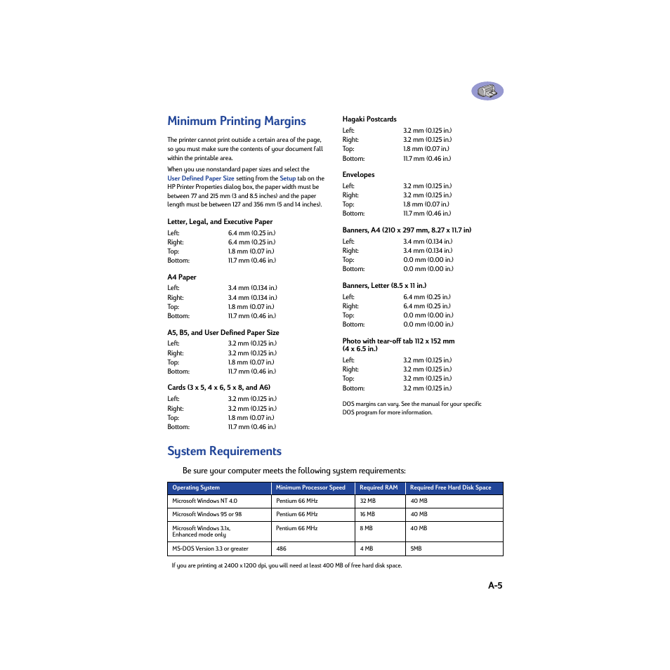 Minimum printing margins, System requirements | HP Deskjet 950c Printer User Manual | Page 69 / 74