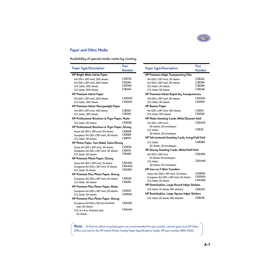 Paper and other media, A-7 paper and other media | HP Deskjet 950c Printer User Manual | Page 71 / 74