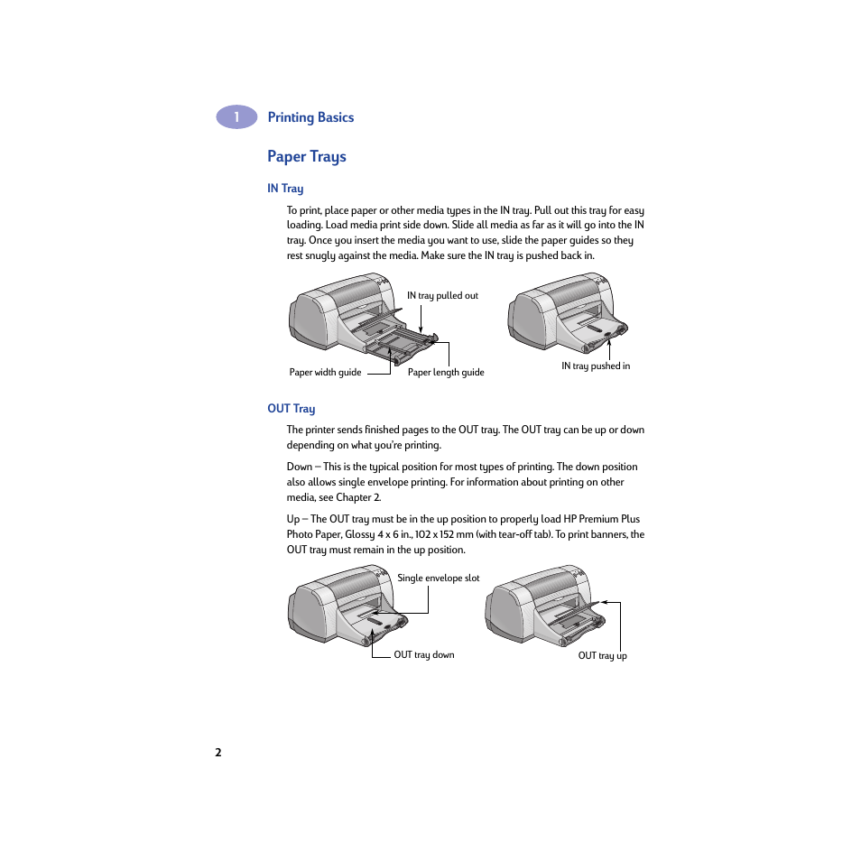 Paper trays, In tray, Out tray | HP Deskjet 950c Printer User Manual | Page 8 / 74