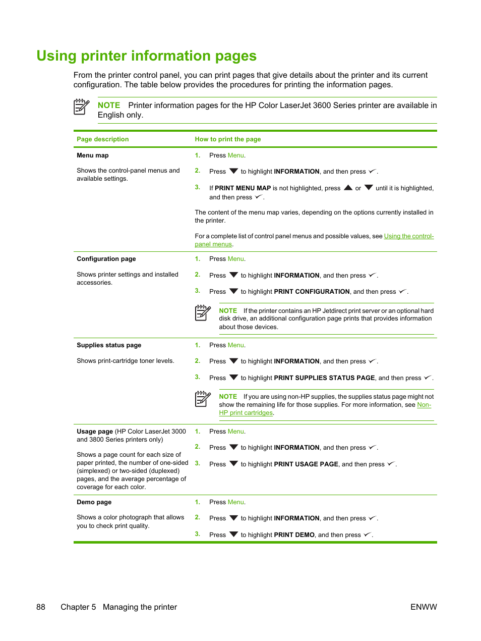 Using printer information pages, 88 chapter 5 managing the printer enww | HP Color LaserJet 3800 Printer series User Manual | Page 102 / 226