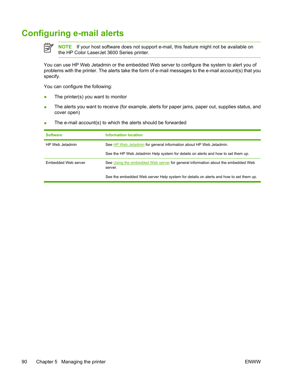 Configuring e-mail alerts | HP Color LaserJet 3800 Printer series User Manual | Page 104 / 226