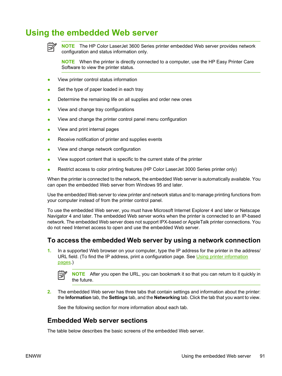 Using the embedded web server, Embedded web server sections, Using | The embedded web server, Using the embedded web, Server | HP Color LaserJet 3800 Printer series User Manual | Page 105 / 226