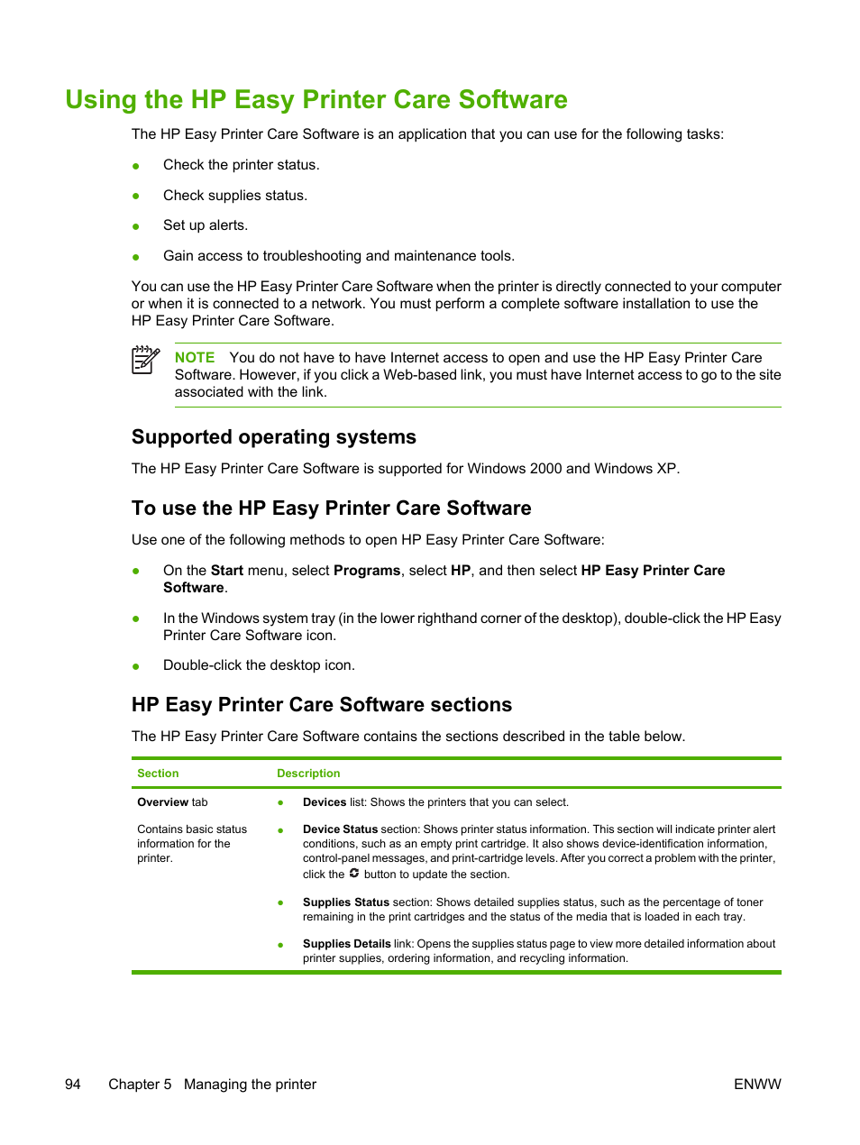 Using the hp easy printer care software, Supported operating systems, To use the hp easy printer care software | Hp easy printer care software sections | HP Color LaserJet 3800 Printer series User Manual | Page 108 / 226