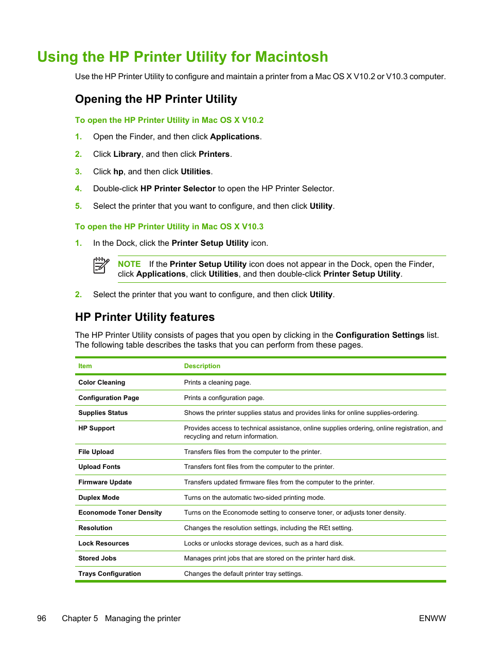 Using the hp printer utility for macintosh, Opening the hp printer utility, Hp printer utility features | HP Color LaserJet 3800 Printer series User Manual | Page 110 / 226