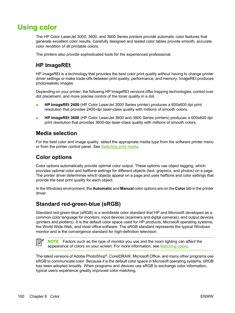 Using color, Hp imageret, Media selection | Color options, Standard red-green-blue (srgb) | HP Color LaserJet 3800 Printer series User Manual | Page 114 / 226