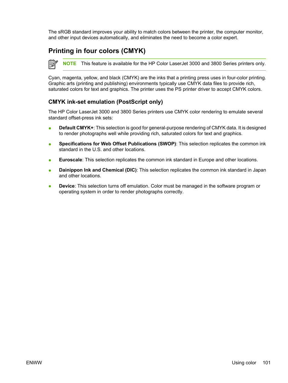 Printing in four colors (cmyk), Cmyk ink-set emulation (postscript only) | HP Color LaserJet 3800 Printer series User Manual | Page 115 / 226