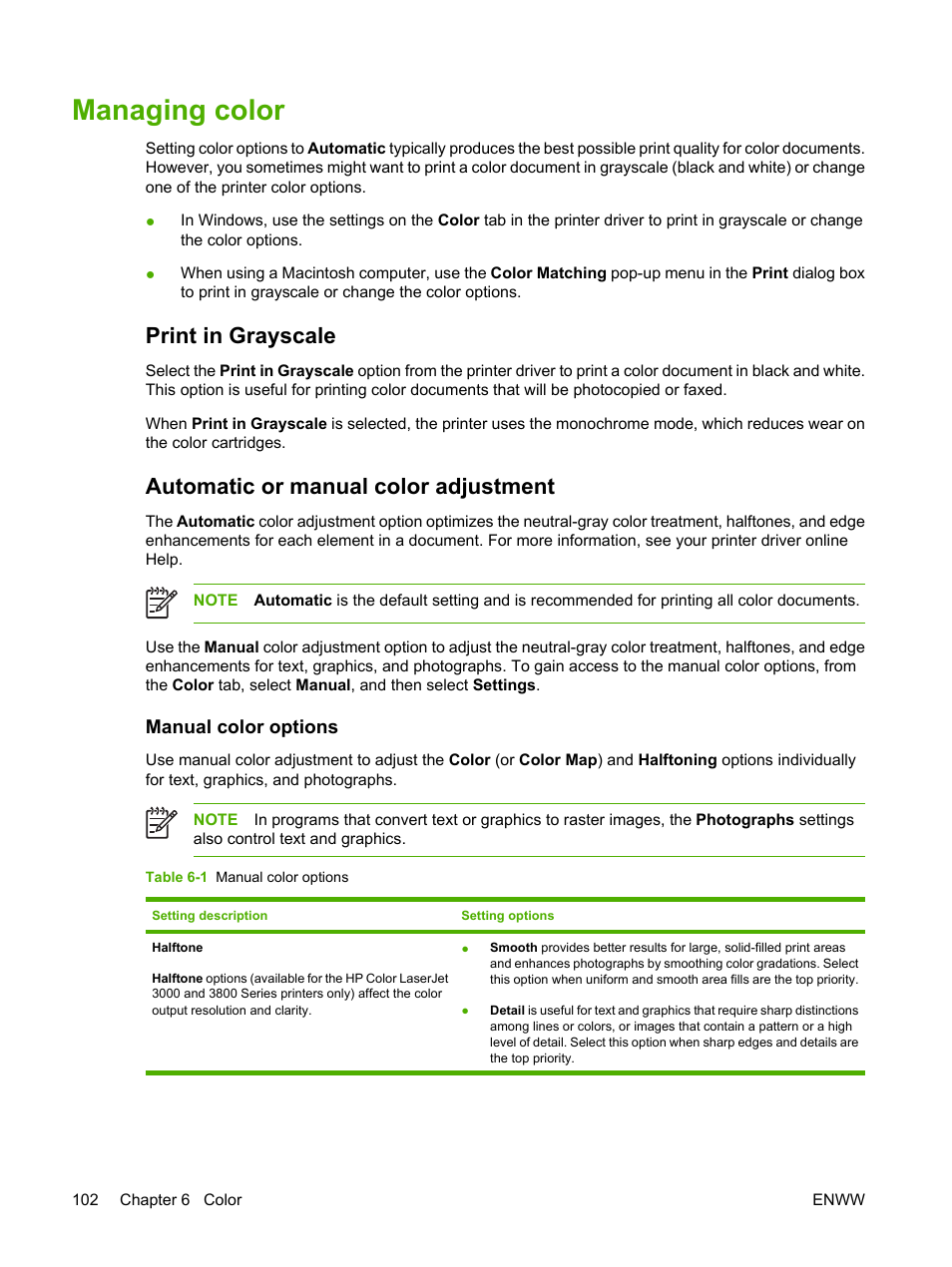 Managing color, Print in grayscale, Automatic or manual color adjustment | Manual color options | HP Color LaserJet 3800 Printer series User Manual | Page 116 / 226