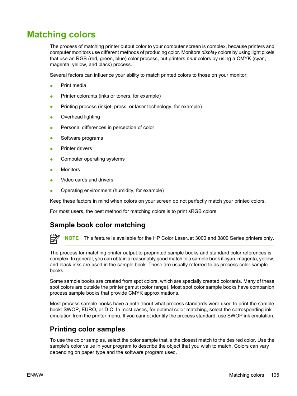 Matching colors, Sample book color matching, Printing color samples | Sample book color matching printing color samples | HP Color LaserJet 3800 Printer series User Manual | Page 119 / 226