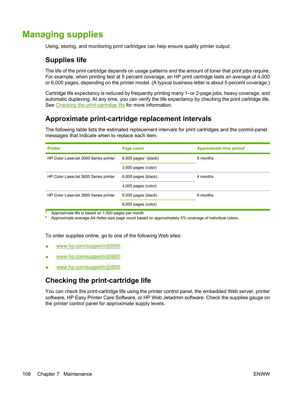 Managing supplies, Supplies life, Approximate print-cartridge replacement intervals | Checking the print-cartridge life | HP Color LaserJet 3800 Printer series User Manual | Page 122 / 226