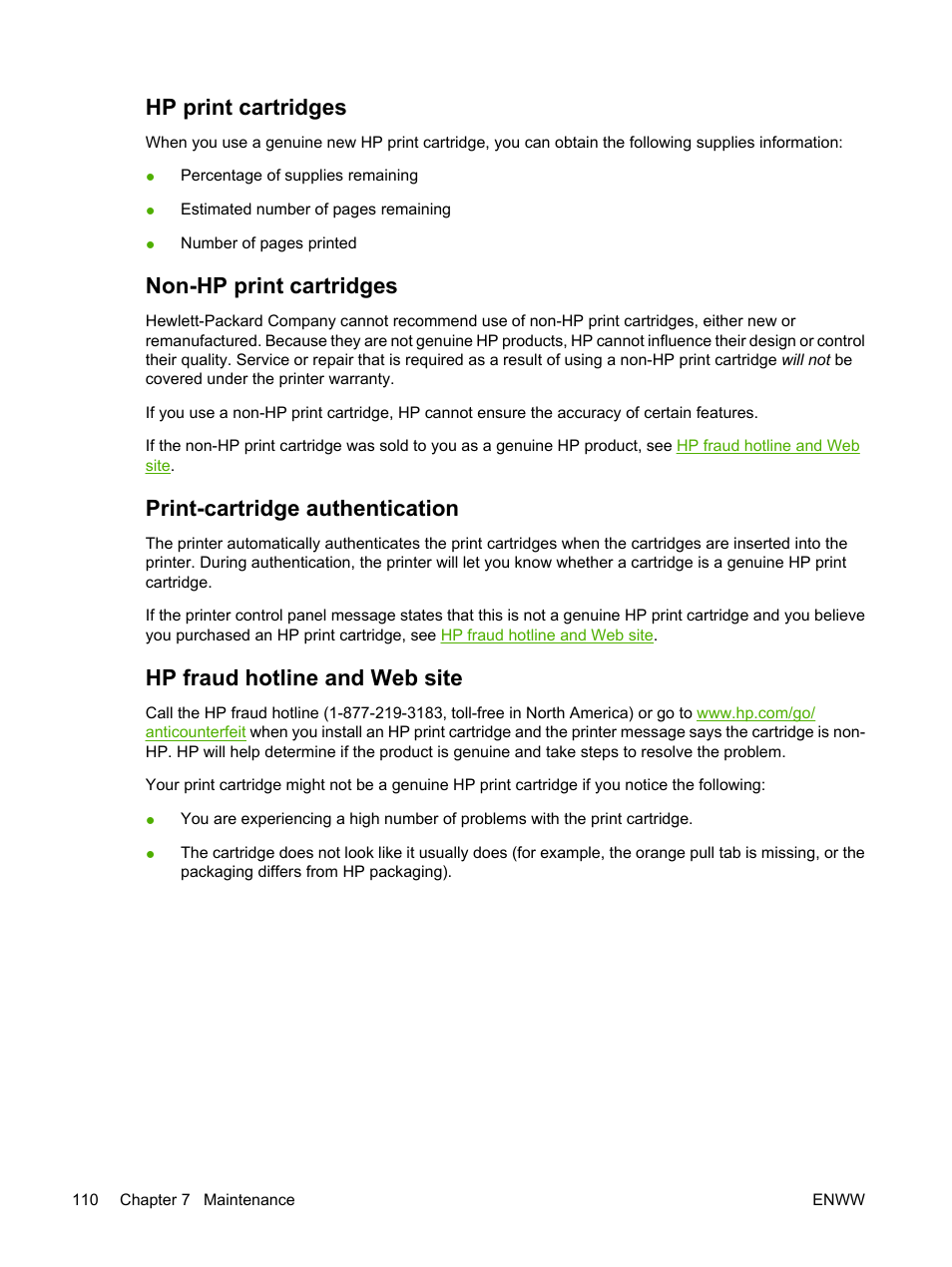 Hp print cartridges, Non-hp print cartridges, Print-cartridge authentication | Hp fraud hotline and web site, Mation, see | HP Color LaserJet 3800 Printer series User Manual | Page 124 / 226