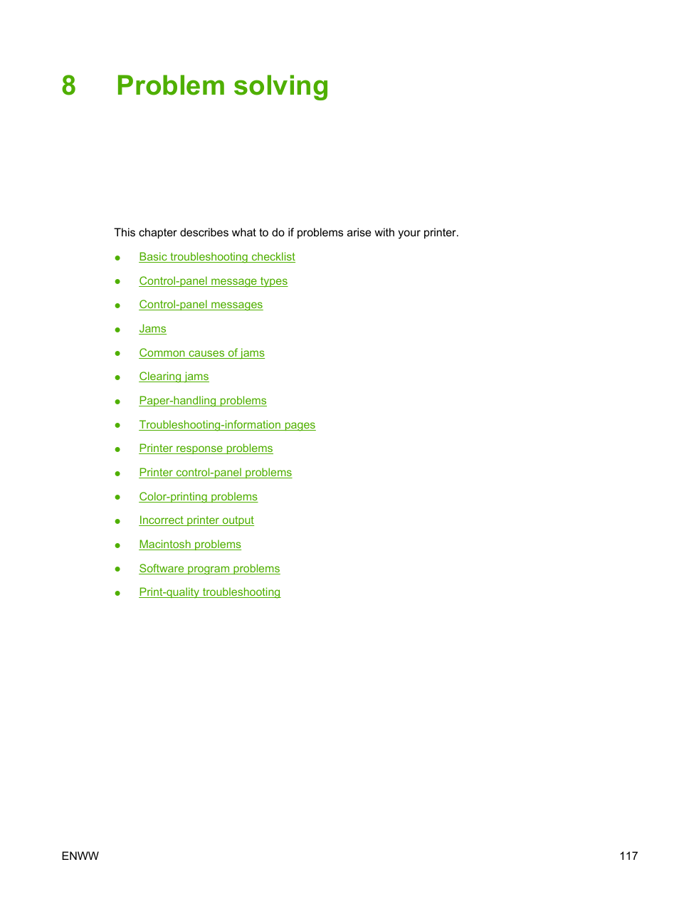 Problem solving, 8 problem solving, 8problem solving | HP Color LaserJet 3800 Printer series User Manual | Page 131 / 226