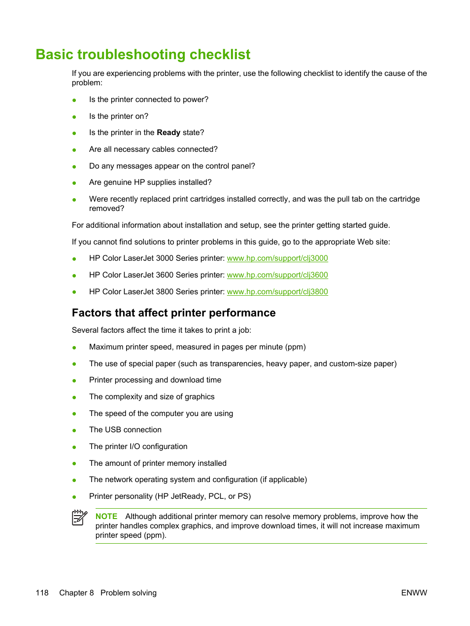 Basic troubleshooting checklist, Factors that affect printer performance | HP Color LaserJet 3800 Printer series User Manual | Page 132 / 226