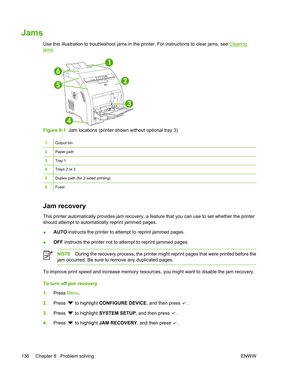 Jams, Jam recovery | HP Color LaserJet 3800 Printer series User Manual | Page 150 / 226