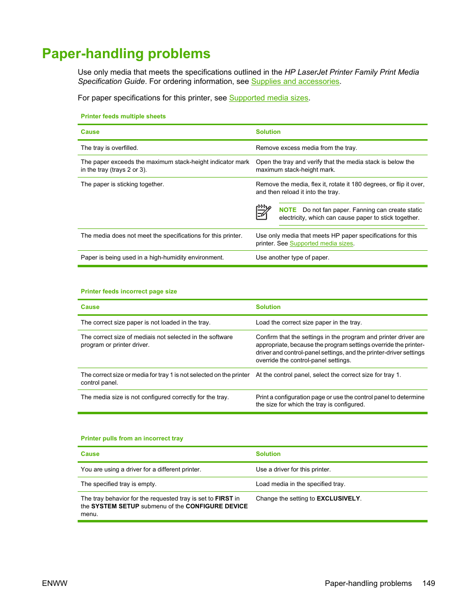 Paper-handling problems | HP Color LaserJet 3800 Printer series User Manual | Page 163 / 226