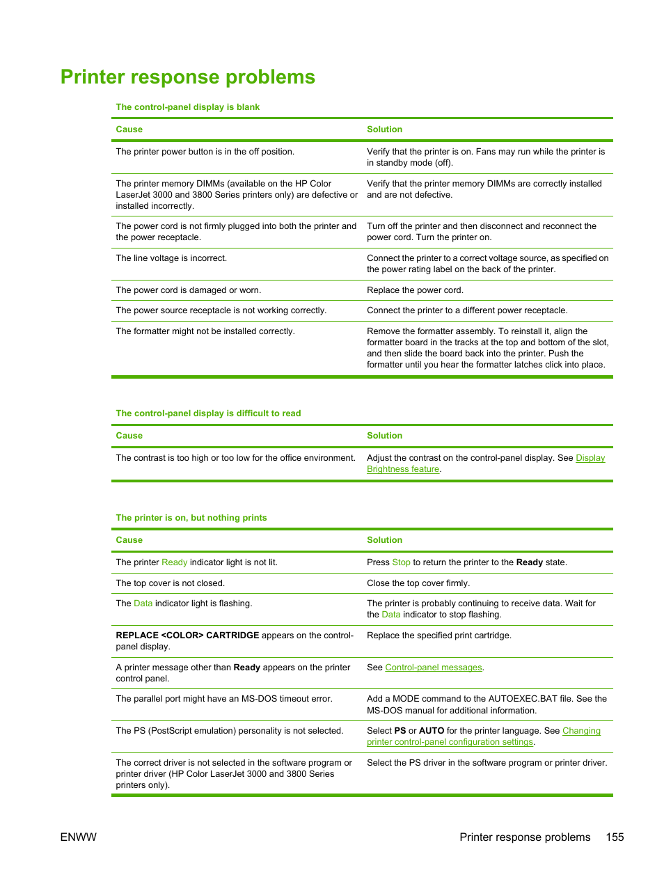 Printer response problems, Enww printer response problems 155 | HP Color LaserJet 3800 Printer series User Manual | Page 169 / 226