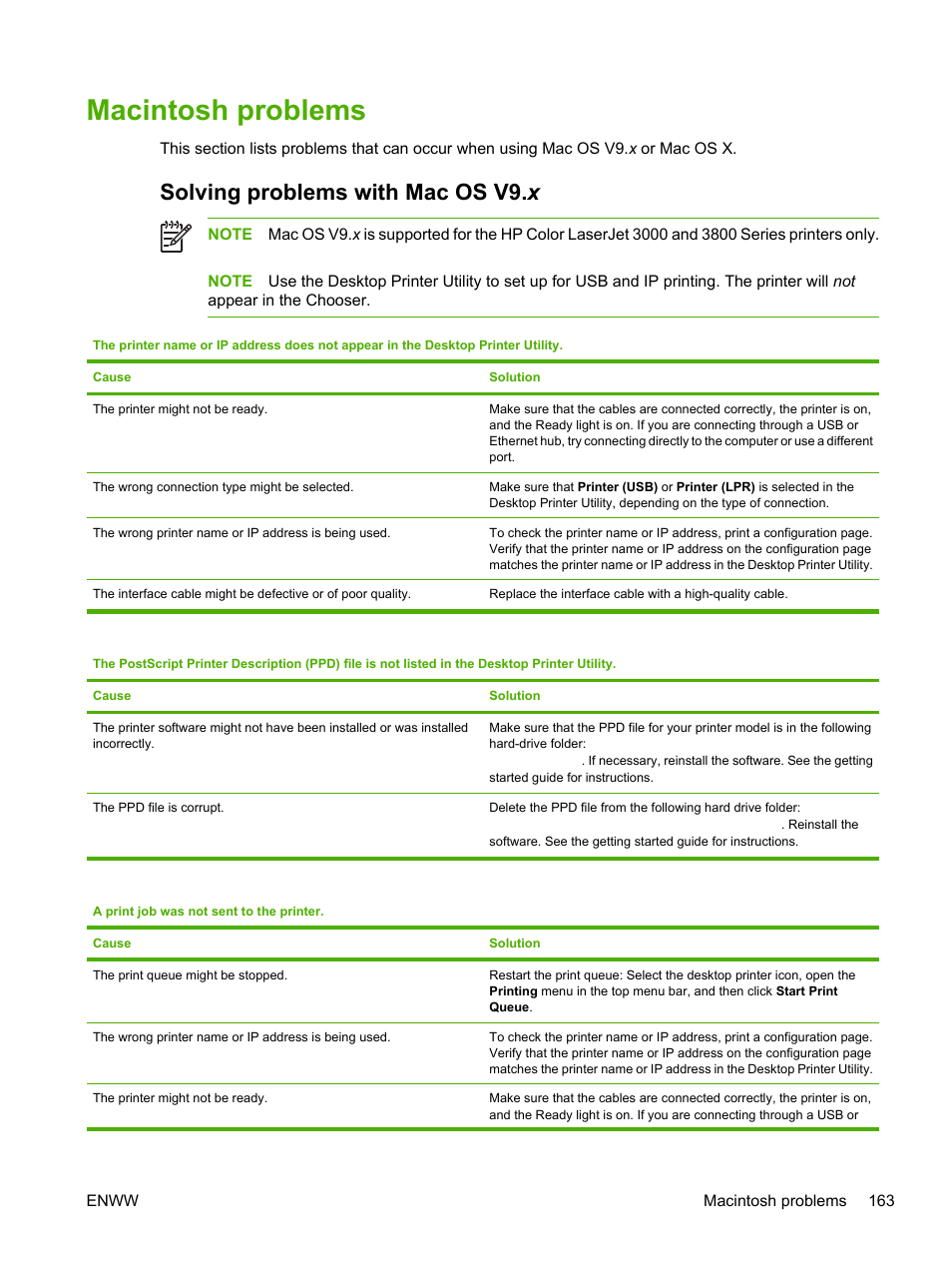 Macintosh problems, Solving problems with mac os v9.x, Solving problems with mac os v9. x | HP Color LaserJet 3800 Printer series User Manual | Page 177 / 226