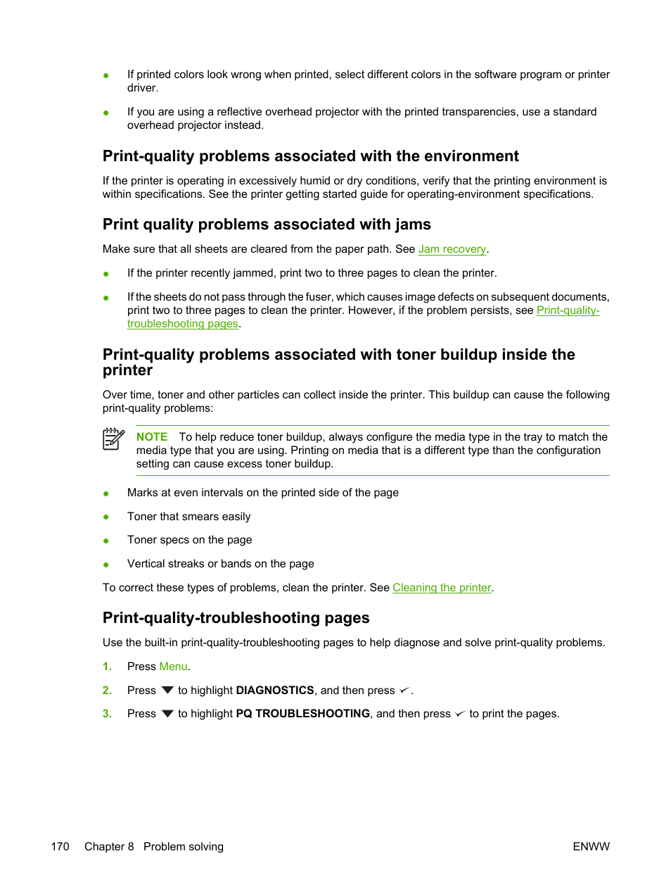 Print quality problems associated with jams, Print-quality-troubleshooting pages | HP Color LaserJet 3800 Printer series User Manual | Page 184 / 226