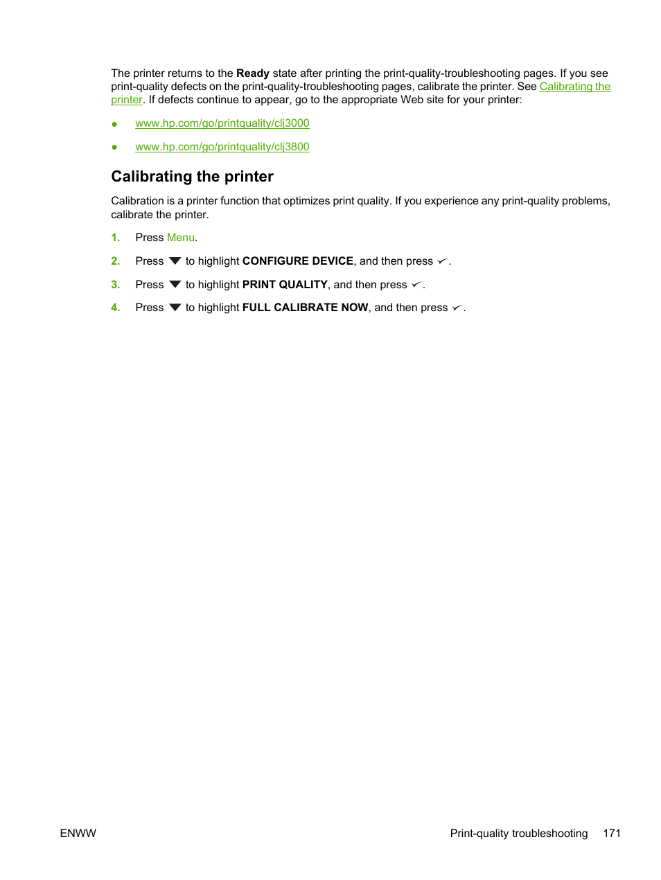 Calibrating the printer | HP Color LaserJet 3800 Printer series User Manual | Page 185 / 226