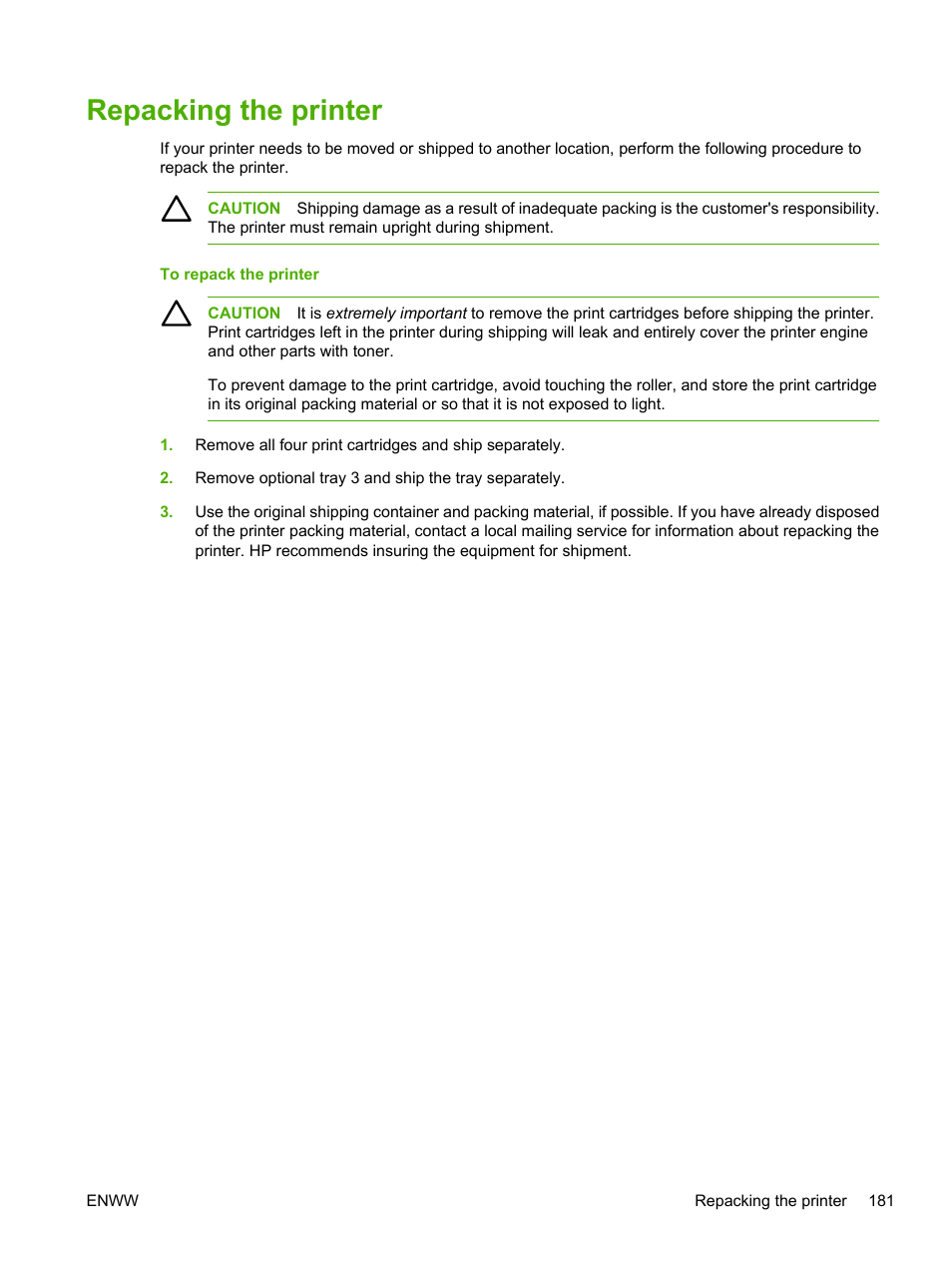 Repacking the printer | HP Color LaserJet 3800 Printer series User Manual | Page 195 / 226