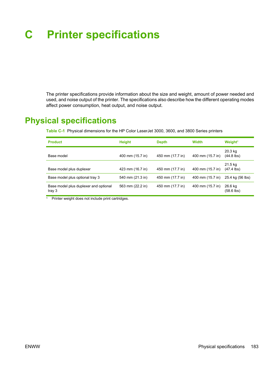 Printer specifications, Physical specifications, Appendix c printer specifications | Cprinter specifications | HP Color LaserJet 3800 Printer series User Manual | Page 197 / 226