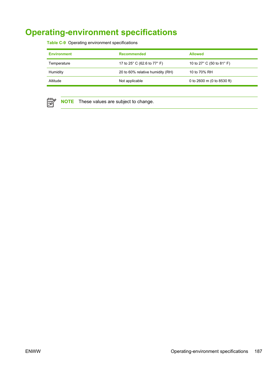 Operating-environment specifications | HP Color LaserJet 3800 Printer series User Manual | Page 201 / 226